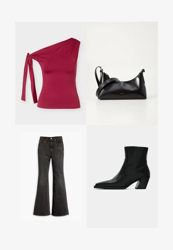 Ärmelloses, einseitig getragenes bordeauxrotes Top mit seitlichem Knotendetail und figurbetonter Silhouette vor einem einfarbigen hellgrauen Hintergrund.; Schwarze High-Waist-Jeans aus Denim mit weitem Bein, Fünf-Taschen-Design und Kupfennieten.; Schwarze Leder-Stiefelette mit spitzem Zeh, schlanker Silhouette und klobigem quadratischem Absatz. Glatte Textur mit minimalen Nähdetails.; Schwarze lederne Handtasche mit glatter Textur. Verfügt über einen verstellbaren Riemen und ein elegantes, minimalistisches Design mit einem Reißverschluss.