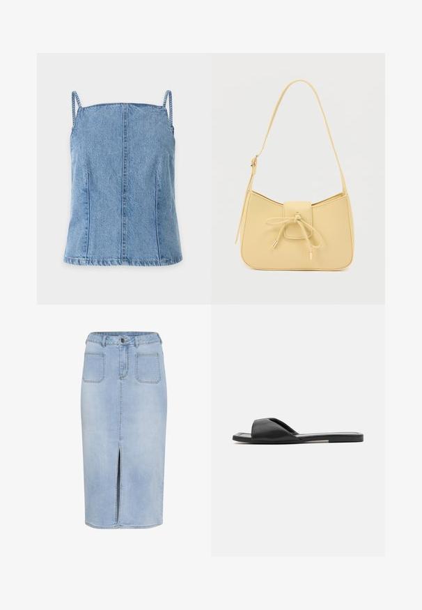 Hellblaues ärmelloses Denim-Top mit dünnen Trägern und vertikalen Nahtdetails auf weißem Hintergrund.; Hellblaue Denim-Midirock mit einem hohen Schlitz, fünf Taschen und einer figurbetonten Taille mit Gürtelschlaufen und Knopfverschluss.; Schwarze Riemchensandalen bestehen aus einem glatten synthetischen Material, haben ein offenes Zehendesign und eine flache Sohle mit einem minimalen Akzentstreifen an der Seite.; Kleine beige Schultertasche mit verstellbarem Riemen und Frontklappe, die mit einer dünnen Schnur zusammengebunden ist, die in Metallenden auf weißem Hintergrund endet.