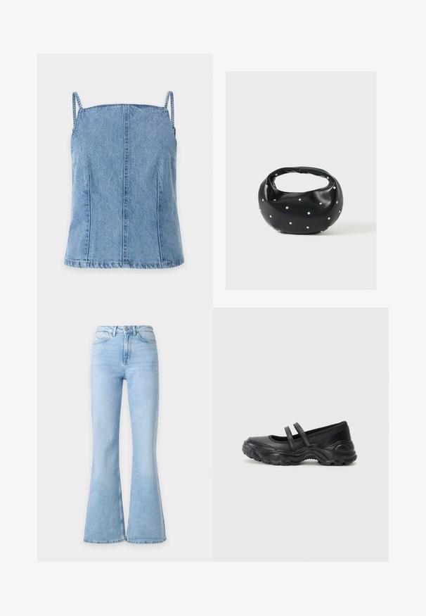 Lichtblauw denim mouwloos topje met dunne bandjes en verticale naaddetails op een effen witte achtergrond.; Lichtblauwe denim jeans met hoge taille en uitlopende brede pijpen, met knopen aan de voorkant en zakken op een effen achtergrond.; Zwarte leren mary jane flats met twee verstelbare straps, een ronde neus en een gestructureerde rubberen zool voor extra grip.; Zwarte leren handtas met een afgeronde vorm, versierd met zilveren studs, en een korte handgreep. Gladde textuur en ritsluiting.