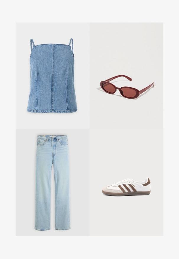Top sin mangas de mezclilla azul claro con tirantes finos y detalles de costuras verticales sobre un fondo blanco liso.; Jeans de denim azul claro con corte recto, que cuentan con cinco bolsillos, un cierre de cremallera clásico y costuras visibles.; Zapatilla blanca Adidas Samba con franjas de ante marrón, suela de goma marrón y puntera de ante beige, vista desde el lado exterior sobre un fondo liso.; Gafas de sol ovaladas rojas con lentes semitransparentes y una montura de plástico lisa. Las varillas son delgadas y cuentan con un logo blanco.