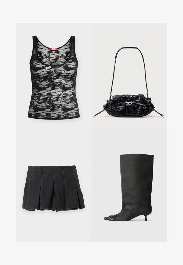 Débardeur en dentelle noir et blanc sans manches au motif camouflage abstrait et une étiquette rouge de la marque Diesel à l’encolure, posé à plat sur fond blanc.; Mini-jupe plissée noire avec détails de coutures visibles, en tissu denim, présentée sur un fond clair uni.; Bottines en cuir noir à bout pointu, petite talon et détail métallique sur le bout. Texture lisse et mate partout.; Sac à main en cuir noir avec un design froncé et un détail en forme de nœud sur le devant. Dispose d'une poignée courte et d'accents de quincaillerie argentée.