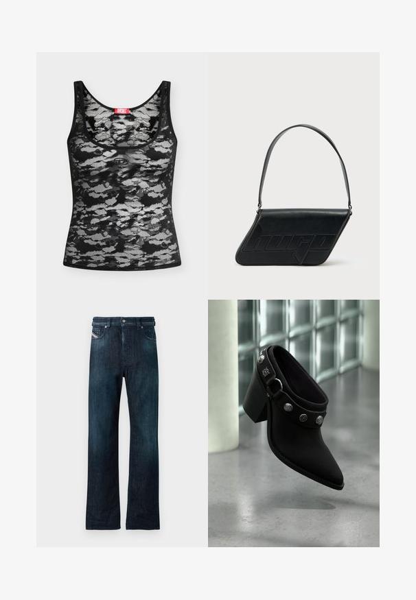 Débardeur en dentelle noir et blanc sans manches au motif camouflage abstrait et une étiquette rouge de la marque Diesel à l’encolure, posé à plat sur fond blanc.; Jean en denim bleu foncé avec une coupe droite, doté d'une fermeture avant à boutons et de poches latérales. Texture douce avec une finition légèrement délavée.; Mule noire à bout pointu avec talon épais et clous argentés en forme de toile d'araignée et de crâne sur un sol gris lisse près de blocs de verre.; Sac d'épaule en cuir noir de forme triangulaire, avec un logo embossé et une seule bandoulière réglable. Design minimaliste avec une texture lisse.