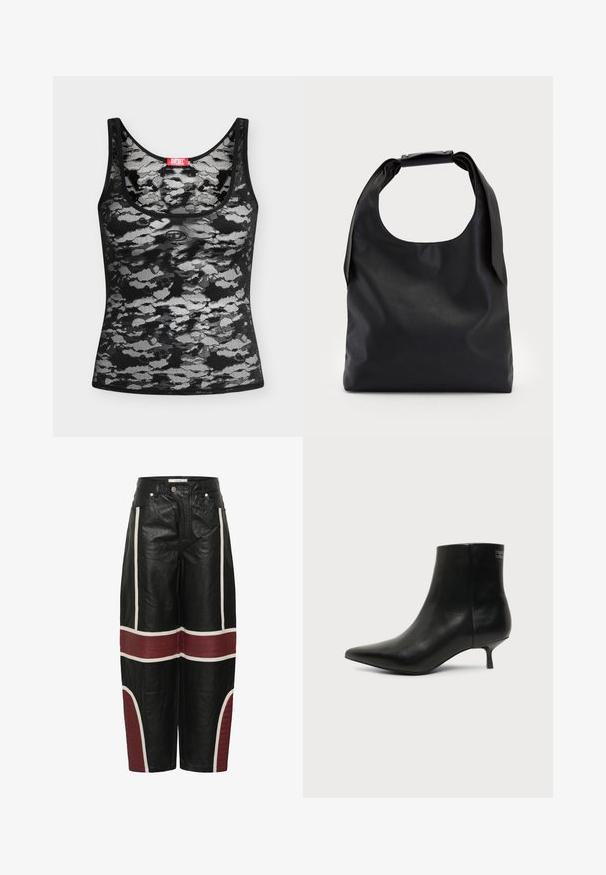 Top de encaje blanco y negro sin mangas con patrón abstracto de camuflaje y una etiqueta roja de la marca Diesel en el escote, colocado plano sobre fondo blanco.; Pantalones de cuero de pierna ancha negros con rayas verticales blancas y paneles acolchados marrón oscuro horizontales por encima de las rodillas y en las piernas inferiores.; Botín de piel negra con puntera puntiaguda y tacón bajo estilo kitten sobre fondo claro, mostrando vista lateral exterior.; Bolso de mano de cuero negro con una gran abertura superior y una sola correa para el hombro. Textura suave, diseño minimalista, con detalles sutiles de herrajes.
