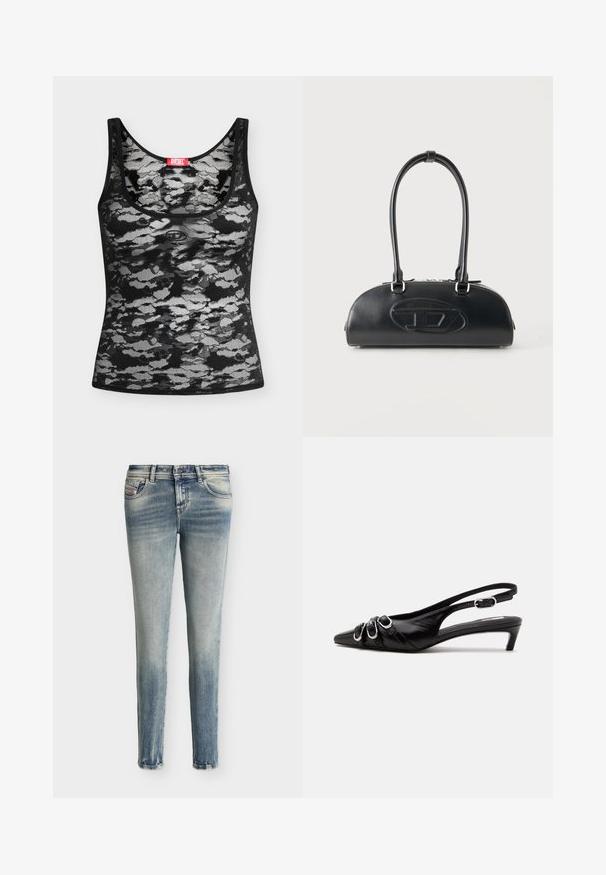Débardeur en dentelle noir et blanc sans manches au motif camouflage abstrait et une étiquette rouge de la marque Diesel à l’encolure, posé à plat sur fond blanc.; Jean en denim bleu délavé slim avec poches avant et fermeture par boutons, présenté sur un fond blanc uni.; Chaussure slingback en cuir noir avec bout pointu, trois boucles argentées à l'avant et petit talon kitten sur fond blanc.; Sac à main en cuir noir avec longues poignées doubles et logo ovale embossé sur le devant, présenté sur un fond clair uni.