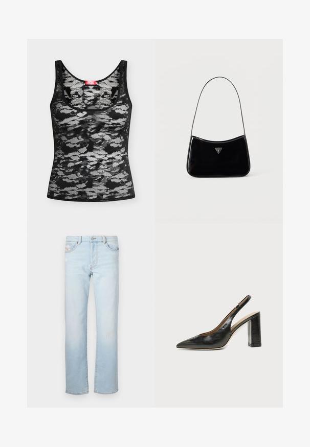 Débardeur en dentelle noir et blanc sans manches au motif camouflage abstrait et une étiquette rouge de la marque Diesel à l’encolure, posé à plat sur fond blanc.; Jean en denim bleu clair à coupe droite, arborant de légères distresses, cinq poches et une fermeture à bouton.; Chaussure slingback en cuir noir à bout pointu avec un talon bloc haut et une doublure intérieure beige sur un fond clair uni.; Sac à bandoulière en cuir verni noir avec une sangle fine, logo triangulaire Guess sur le devant et une fermeture éclair supérieure.