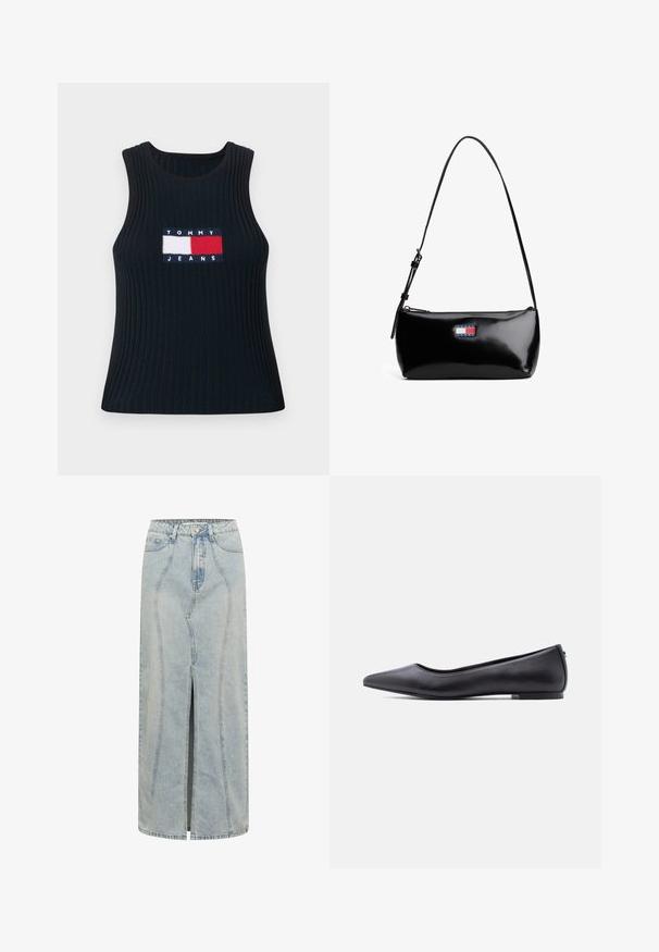 Camiseta sin mangas azul marino de canalé con cuello redondo, que presenta un parche bordado en rojo, blanco y azul con la inscripción "TOMMY JEANS" en el frente.; Falda de mezclilla azul claro con una silueta recta, que presenta una abertura en la parte delantera, pasadores para cinturón y costuras detalladas a lo largo de las costuras.; Zapato plano de cuero negro con punta puntiaguda y tacón bajo, mostrado de perfil contra un fondo blanco.; Bolso de hombro de charol negro con una correa curva, cierre de cremallera y un parche de logo rectangular en rojo, blanco y azul.