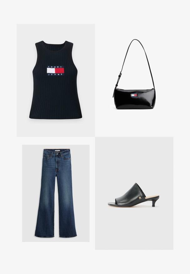 Camiseta sin mangas azul marino de canalé con cuello redondo, que presenta un parche bordado en rojo, blanco y azul con la inscripción "TOMMY JEANS" en el frente.; Jeans de pierna ancha en denim azul oscuro, con una cintura alta, diseño de cinco bolsillos y costuras en contraste a lo largo de las costuras y la cinturilla.; Mules de cuero negro de punta abierta con un tacón bajo. Presentan una superficie lisa y un acento del logo dorado en el costado.; Bolso de hombro de charol negro con una correa curva, cierre de cremallera y un parche de logo rectangular en rojo, blanco y azul.