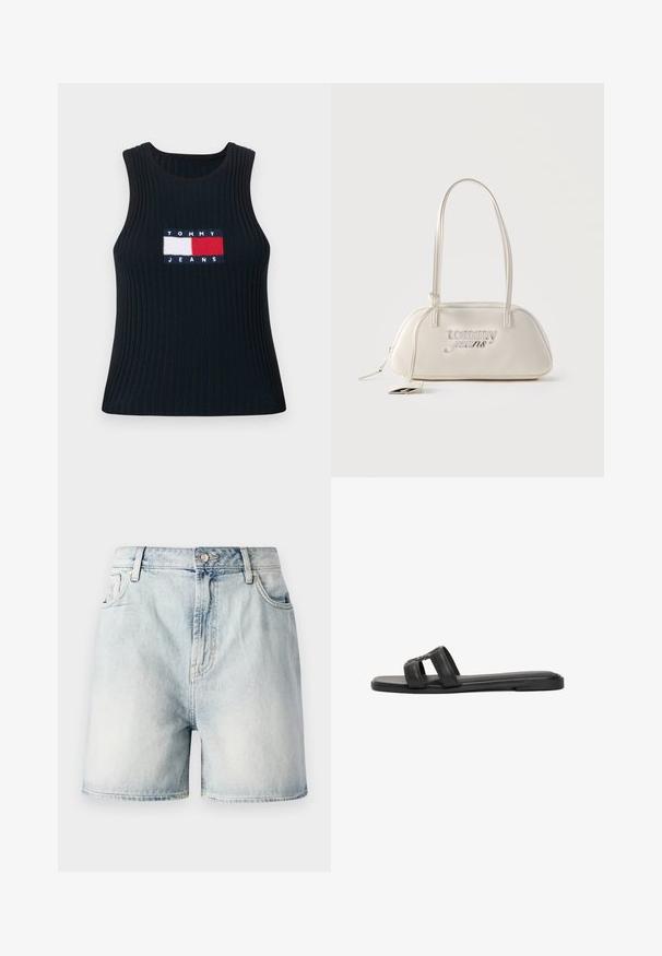Ribbede navy tanktop med rund hals, der har en broderet rød, hvid og blå logo-patch med teksten "TOMMY JEANS" på forsiden.; Lyseblå denimshorts med knaplukning, fem lommer og en falmet struktur. Lige snit med et klassisk design.; Sort flad sandal med to brede læderremme over foden og firkantet tå-design, på hvid baggrund.; Rektangulær skuldertaske i cremefarve med lange stropper, "tommy jeans"-logo i sølv på fronten og en hængende mærkat fastgjort til lynlåsen.