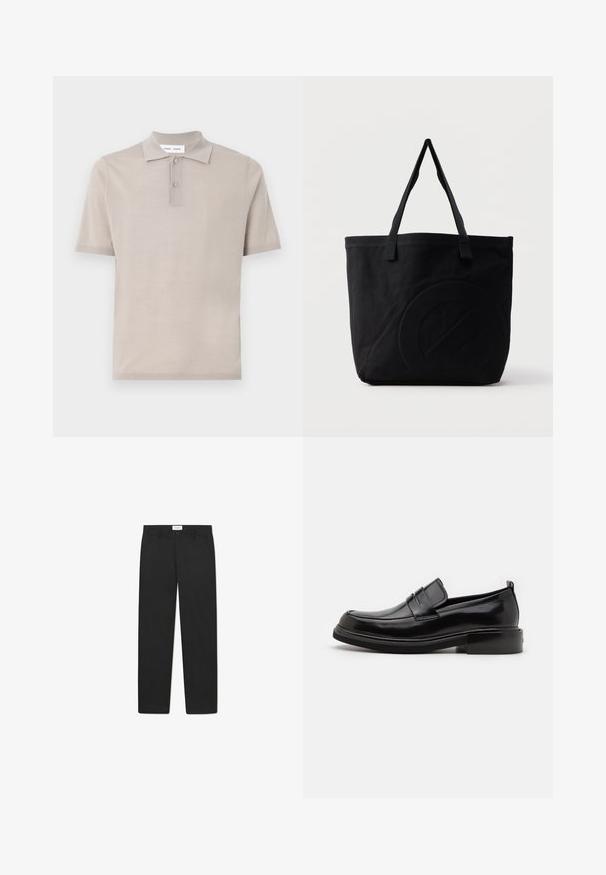 Polo à manches courtes en coton beige clair, avec un col classique, une patte de boutonnage à deux boutons et une finition lisse et texturée.; Pantalons noirs avec une coupe droite, fabriqués dans un tissu à texture lisse, dotés de deux poches avant et d'une taille standard.; Calvin Klein MOCCASIN - Mocassins de ville - black; Sac fourre-tout en toile noire avec deux bandoulières et un motif circulaire discret en relief sur le devant.