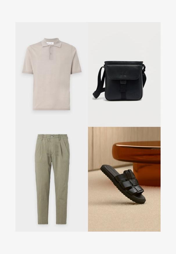 Camisa polo de manga corta en algodón beige claro, con un cuello clásico, tapeta de dos botones y un acabado liso y texturizado.; Pantalones verde claro, ajustados y de tiro recto, hechos de una tela texturizada, con cierre de botón, frente con pliegues y bolsillos laterales.; Sandalia tipo slide de cuero negro con tiras anchas y suela estriada sobre alfombra beige cerca de mesa de café redonda marrón.; Bolso bandolera de cuero negro con cierre de solapa, correa ajustable y logo en relieve. Textura suave y diseño minimalista.