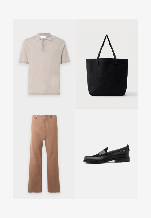 Korte mouwen polo in lichtbeige katoen, met een klassieke kraag, twee-knopen sluiting en een gladde, gestructureerde afwerking.; Bruine, rechte broek van katoen. Voorzien van een knoopsluiting, voorkruiken en zichtbare stiksels langs de naden.; Zwarte leren loafer met grijs riemdetailelement, lage hak en gestructureerde zool, aan de zijkant gebrandmerkt met "HUGO" in goud.; Zwarte canvas tas met twee schouderbanden en een subtiel, ingebosseleerd cirkelvormig ontwerp aan de voorkant.