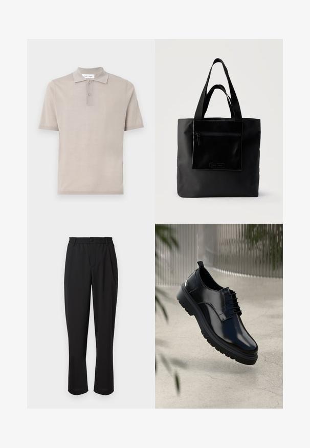 Kortærmet polo-shirt i lys beige bomuld, med klassisk krave, to-knaps placket og en glat, struktureret finish.; Sorte bukser med elastisk liv, knaplukning og lige ben-design. Glat stof, ingen synlige mønstre eller accenter.; Sorte lædersko med en blank overflade, rund tå, snøredesign, kontrastsyninger og en tyk gummisål med mønster.; Sort tote-taske med lynlåslomme foran og to håndtag, sat mod en ensfarvet lys baggrund.
