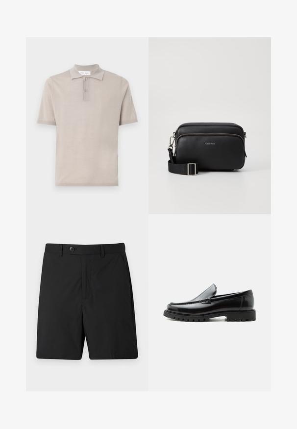 Polo à manches courtes en coton beige clair, avec un col classique, une patte de boutonnage à deux boutons et une finition lisse et texturée.; Shorts noirs en tissu léger, dotés d'une fermeture à bouton, de deux poches latérales et d'une coupe droite. Texture lisse et design simple.; Mocassin en cuir noir avec semelle en caoutchouc épaisse, dessus cousu et nom de marque embossé sur le talon, présenté de profil sur fond blanc.; Sac en cuir noir à bandoulière avec deux compartiments zippés, finition texturée, sangle ajustable et accents en métal argenté. Logo Calvin Klein affiché.