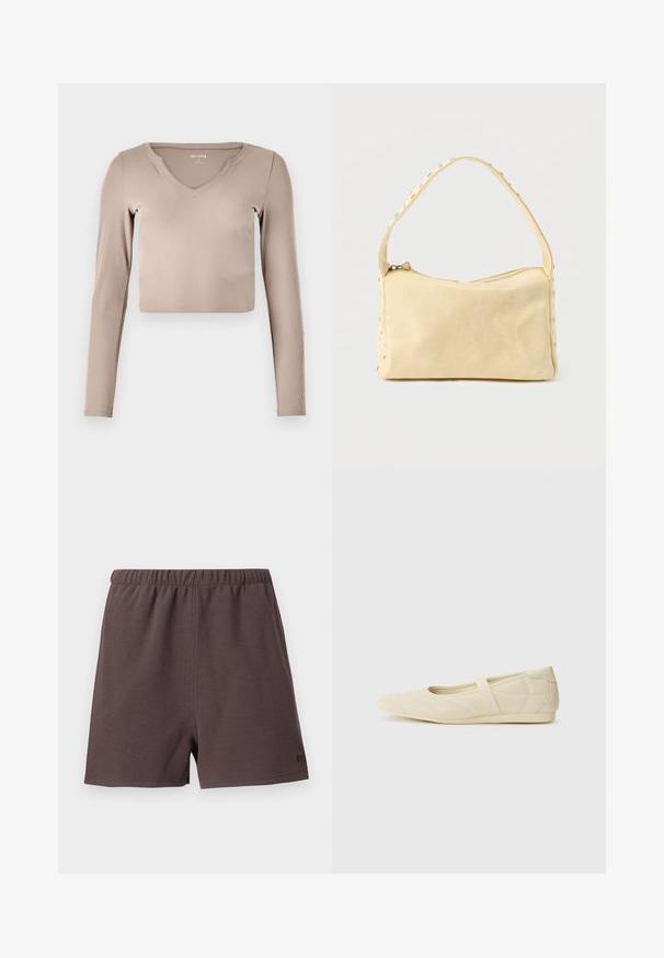 Langærmet, cropped top i lys beige ribbet stof med V-hals og minimale syninger på kraven.; Mørkebrune shorts lavet af tekstureret, vævet stof. Har en elastisk talje og en lille logo accent på nederste højre side.; Lysebrune ballet flats med en glat læderoverflade, mandelformet tå og elastisk rem over vristen, med diskrete syninger.; Lille beige læderhåndtaske med en enkelt rem og sølvnitter langs kanterne og remmen, sat mod en ensfarvet baggrund.