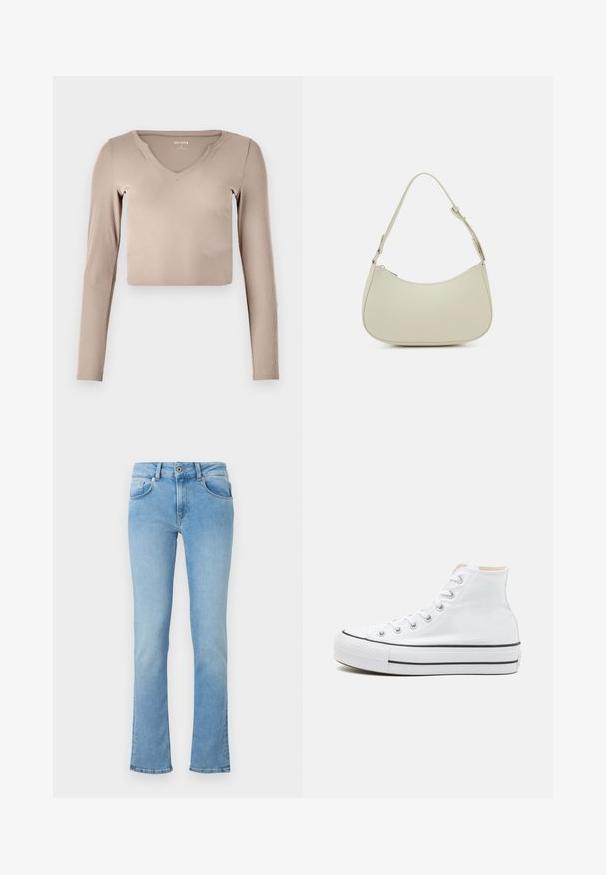 Top corto de manga larga en tejido acanalado de color beige claro con escote en V y detalles de costura mínimos en el cuello.; Jeans de denim azul claro con una cintura ajustada, piernas acampanadas, diseño de cinco bolsillos y cierre de botón. La tela tiene una textura suave.; Zapatillas altas blancas de material de lienzo, con suela de goma negra y una franja negra en el mediopie. Punta circular y diseño de cordones.; Pieces PCALUANA SHOULDER BAG - Bolso de mano - birch