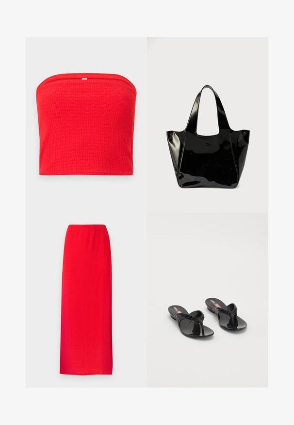 Rode textuurloze, bandloze tube top met lichte ribbels en een klein rechthoekig wit label in het midden van de bovenrand.; Felrode midi-rok met rechte snit, uitgevoerd in een subtiele gestructureerde stof en een elastische tailleband.; Melissa QUANTUM THONG X DIESEL - Teensandalen - black; Zwarte glanzende leren totebag met brede handvatten en een klein ovaal logo aan de voorkant, weergegeven tegen een effen achtergrond.
