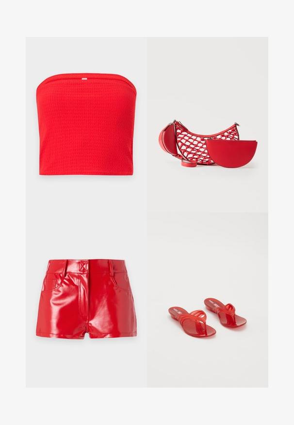 Rotes strukturiertes trägerloses Tube-Top mit leichter Rippstruktur und einem kleinen rechteckigen weißen Etikett in der Mitte am oberen Rand.; Rote Kunstleder-Shorts mit glänzender Oberfläche, hoher Taille, Fronttaschen und gesteppten Details. Strukturiertes, tailliertes Design.; Melissa QUANTUM THONG X DIESEL - Zehentrenner - red; Rote Handtasche mit netzartiger Außenschicht und zwei abnehmbaren halbkreisförmigen Täschchen, präsentiert vor einem schlichten hellen Hintergrund.