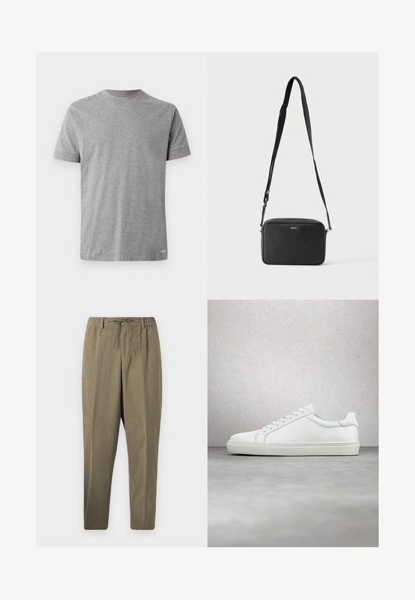 Grijze t-shirt met korte mouwen van zachte katoen. Heeft een ronde halslijn met een contrasterende afwerking en een rechte zoom aan de onderkant.; Taupe corduroy broek met elastische tailleband, riemlussen en trekkoord, rechte pijp tegen een plain witte achtergrond.; Witte sneaker met een gladlederen bovenwerk en een laag profiel. Voorzien van een ronde neus, zes vetergaatjes en een gestructureerde rubberen zool.; Zwarte rechthoekige crossbodytas met verstelbare band en BOSS-logo aan de voorkant, tegen een effen lichte achtergrond.