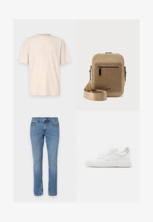 Only & Sons ONSFRED RELAXED PLIZZE TEE - T-Shirt basic - moonstruck; Blaue gerade geschnittene Denim-Jeans mit Fronttaschen, Gürtelschlaufen und Knopfverschluss.; Weiße Leder-Sneaker mit glatter Oberfläche, rundem Zehenbereich, flachen Schnürsenkeln und strukturiertem Schuhsohlen. Graues Wildleder-Detail an der Ferse.; Kleine beige Umhängetasche mit vorderer Reißverschlusstasche, metallischem ALDO-Logo, verstellbarem breitem Riemen und abgerundeter rechteckiger Form vor weißem Hintergrund.