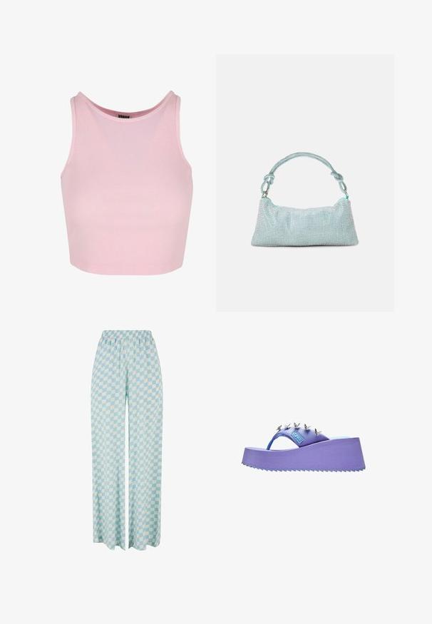 Top corto de canalé rosa con un cuello alto y sin mangas, con forma ajustada y textura suave. Etiqueta de la marca visible en el interior del cuello.; Pantalones de pierna ancha de color azul claro con un patrón a cuadros en tonos alternos, con una cinturilla elástica para mayor comodidad.; Chancla de plataforma morada con decoraciones de mariposas plateadas en la tira y una suela texturizada.; Mascara Clutch - mint