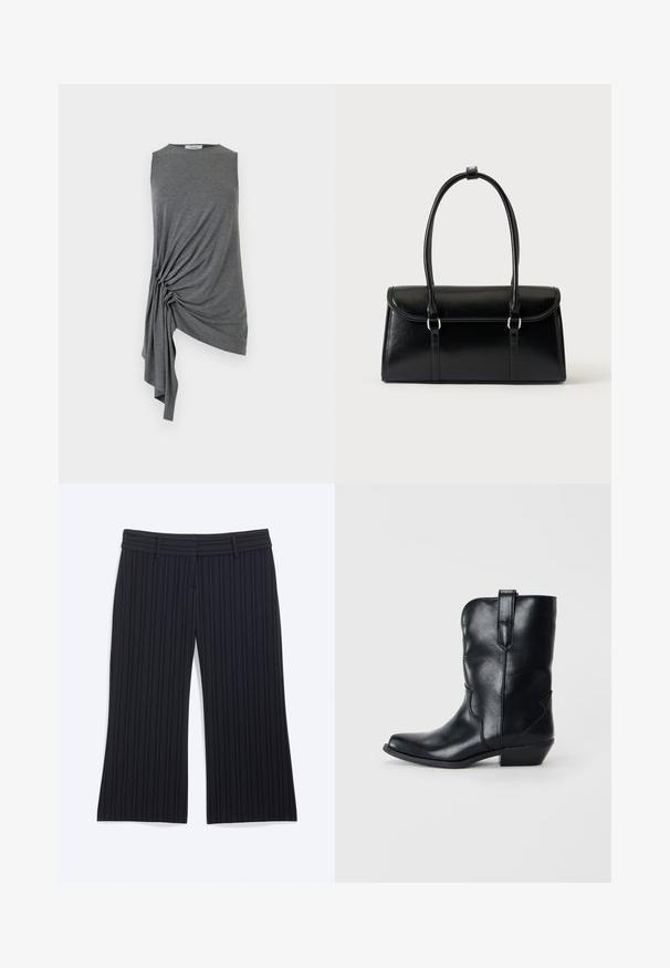 Sleeveless gray asymmetrical top with gathered drape detail on the left side, creating a flowing, uneven hemline.; Black wide-leg pants with thin vertical white pinstripes and belt loops, displayed flat on a plain background.; Black leather cowboy boot with a pointed toe, mid-calf height, decorative stitching, and a small heel. Features a pull tab for easy wear.; Black leather rectangular handbag with a flap closure and two long handles against a plain white background.