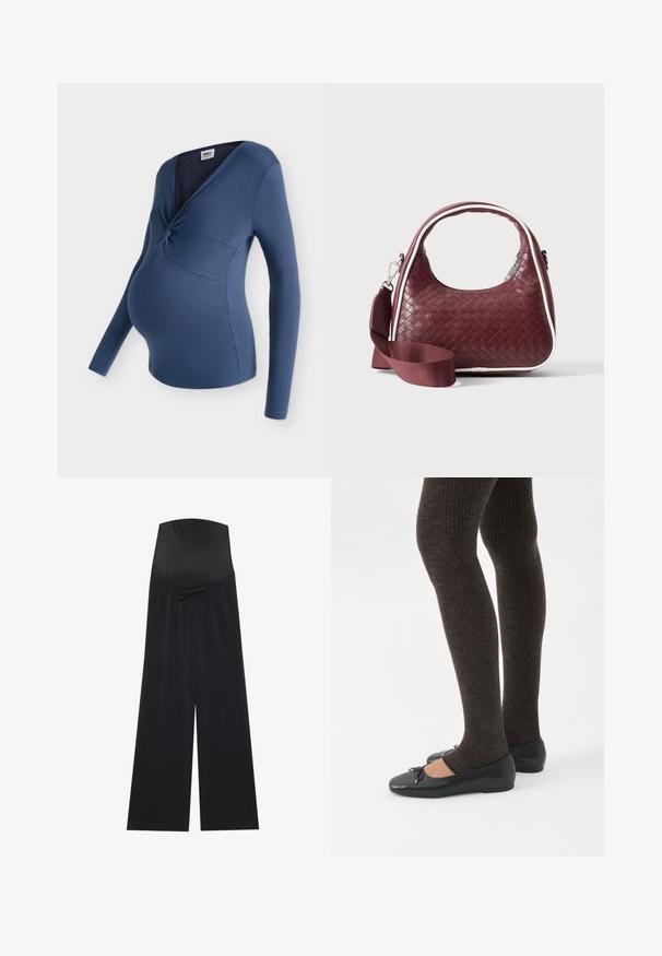 Haut de maternité bleu côtelé à manches longues avec un détail de nœud torsadé au niveau de la poitrine et un col en style cache-cœur.; Pantalons de maternité noirs avec une ceinture large et extensible, ornée d'un nœud. Fabriqués en tissu doux, ils présentent une coupe ample et des jambes larges.; Jambes portant des leggings côtelés foncés associés à des ballerines noires avec de petits détails en nœud sur fond blanc.; Sac à main en cuir tressé marron foncé avec poignée courbée, garniture blanche, fermeture éclair argentée et bandoulière large en tissu amovible sur fond uni.