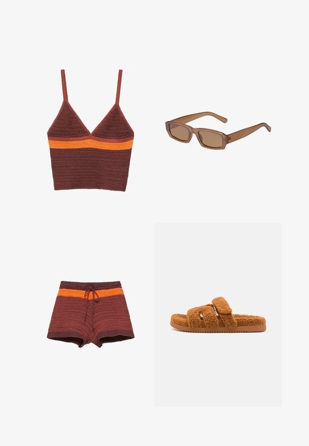Crop top marron en crochet avec fines bretelles et une bande orange horizontale traversant la zone de la poitrine sur fond blanc.; Shorts en maille marron avec une bande orange et un cordon à l'avant, conçus pour une tenue décontractée ou de plage.; Steve Madden MISSILE F - Sandales - camel; Lunettes de soleil brunes, rectangulaires, avec une monture transparente, des branches fines et des verres teintés, offrant une texture lisse et un design moderne.