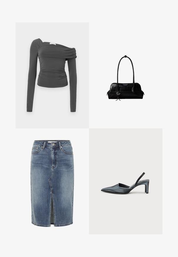 Asymmetrisch langarmtop in donkergrijze stof. Heeft een geraffineerd ontwerp, met één schouder bloot en een gladde textuur met een slanke pasvorm.; Blauwe denim rok tot de knie met een split in het midden vooraan, vijf zakken en een knoopsluiting in de taille.; Zwarte slingback hak met een puntige neus, een gladde satijnen afwerking en een slanke hak van 7,5 cm. Open zijkantontwerp met minimale stikdetails.; Zwarte schoudertas van leer met krokodillenstructuur, lange banden en een klein zilveren logohanger aan één band.