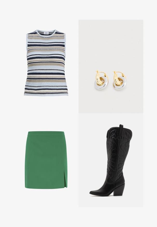 Ærmeløs strikket sweatervest med vandrette striber i lyseblåt, beige, sort og hvid, med teksturerede mønstre og en rund halsudskæring.; Grøn mini nederdel med en glat tekstur, der har en lige skæring og en sideslids for ekstra detaljer. Enkel, udecoreret design.; Sorte knæhøje støvler i læder med spids snude og lagdelt hæl. Har dekorative syninger og buede designelementer.; Øreringe i guld og sølv med sammenflettede cirkulære former, der har en poleret tekstur og et hængslet lukningsdesign.