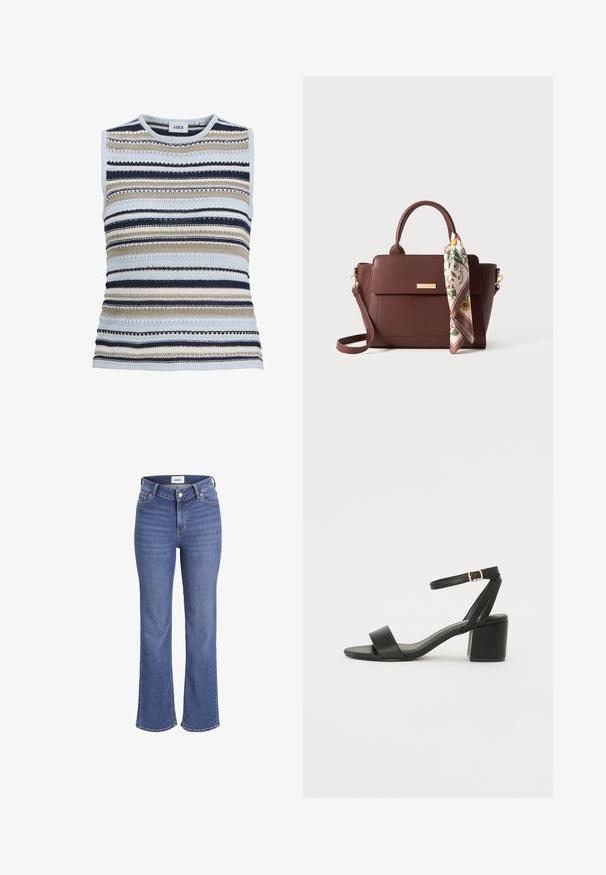 Ærmeløs strikket sweatervest med vandrette striber i lyseblåt, beige, sort og hvid, med teksturerede mønstre og en rund halsudskæring.; Mørkeblå jeans i denim med høj talje, brede ben og et traditionelt fem-lomme design. Har synlig syning og lukning med en frontknap.; Sort hæl sandal med en glat læderoverdel, åben tå, brede frontstropper og justerbar ankelrem med detaljer i guldfarve.; Brun læderhåndtaske med top-håndtag og en aftagelig crossbody-rem. Inkluderer et blomsterpræget tørklæde bundet til håndtaget. Gyldne metaldele.