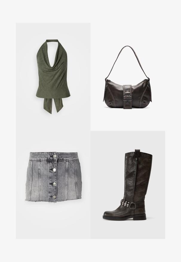Olivengrøn halternecktop med en draperet halsudskæring og let, tekstureret stof. Bindes bagpå for justerbar pasform og stil.; Grå denimskørt med høj talje, fem sølvknapper, lodrette syninger og rå kant. Har en tætsiddende silhuet og en blød tekstur.; Tamaris Cowboy- / bikerstøvler - cigar; Brun læder skuldertaske med en buet form, der har et fremtrædende spænde, kontrasterende syninger og en enkelt skulderrem.