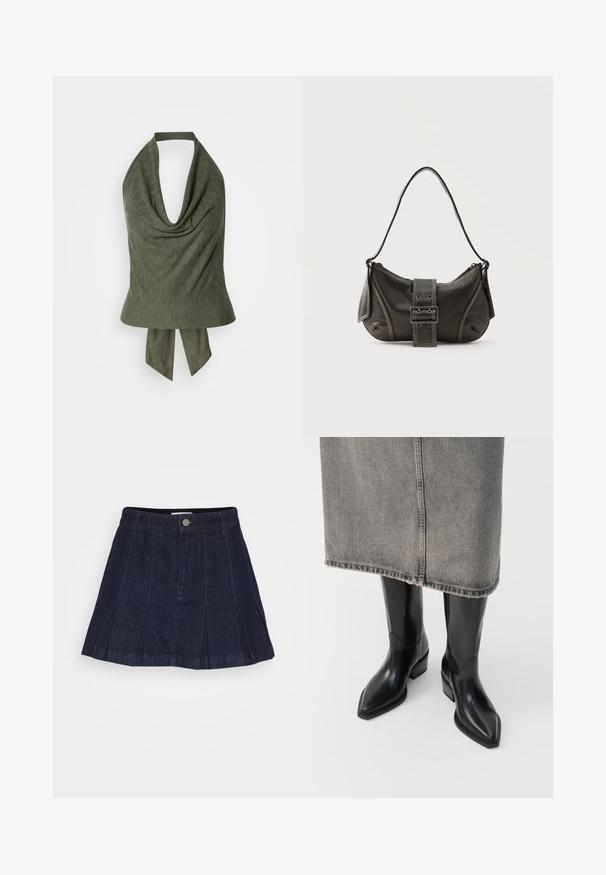 Olivovo zelený top na krk s rozviatym výstrihom a ľahkou, textúrovanou látkou. Viazanie vzadu pre nastaviteľné padnutie a štýl.; Guess Originals TENNIS SKIRT - Skladaná sukňa - dark wash; Čierne kožené kovbojské topánky s špičatou špičkou a robustným opätkom, s hladkým povrchom a elegantným dizajnom, skombinované so šedou sukňou.; Čierna kožená kabelka cez rameno s detailom prackového popruhu, zaoblenými okrajmi a kontrastným bielym prešívaním na jednoduchom pozadí.
