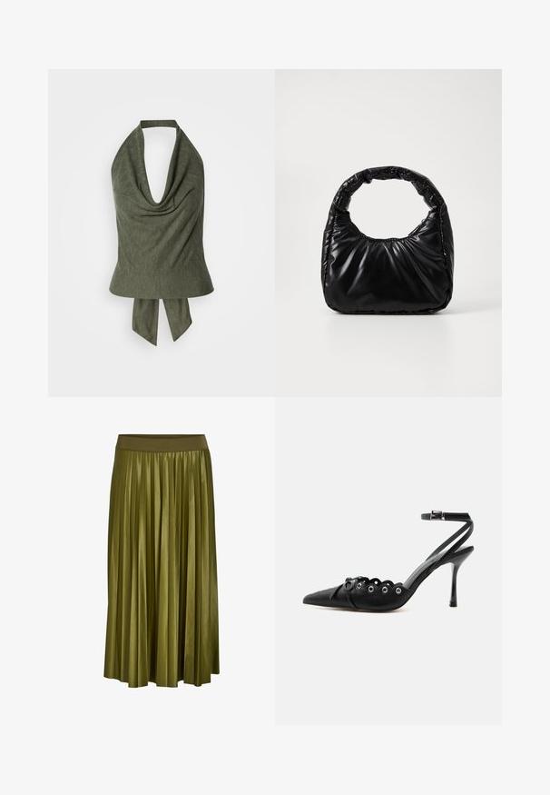 Top de tirantes verde oliva con escote drapeado y tela ligera y texturizada. Se ata en la parte trasera para un ajuste y estilo ajustables.; Falda midi plisada verde caqui con cintura elástica ancha y textura de tela suave.; Zapato de tacón alto negro con punta fina, bordes ondulados, ojales metálicos, cordones delanteros y una correa en el tobillo con cierre de hebilla.; Bolso negro acolchado con un asa redondeada, que presenta una superficie lisa y brillante y una textura suave y acolchada. Sin herrajes ni acentos visibles.