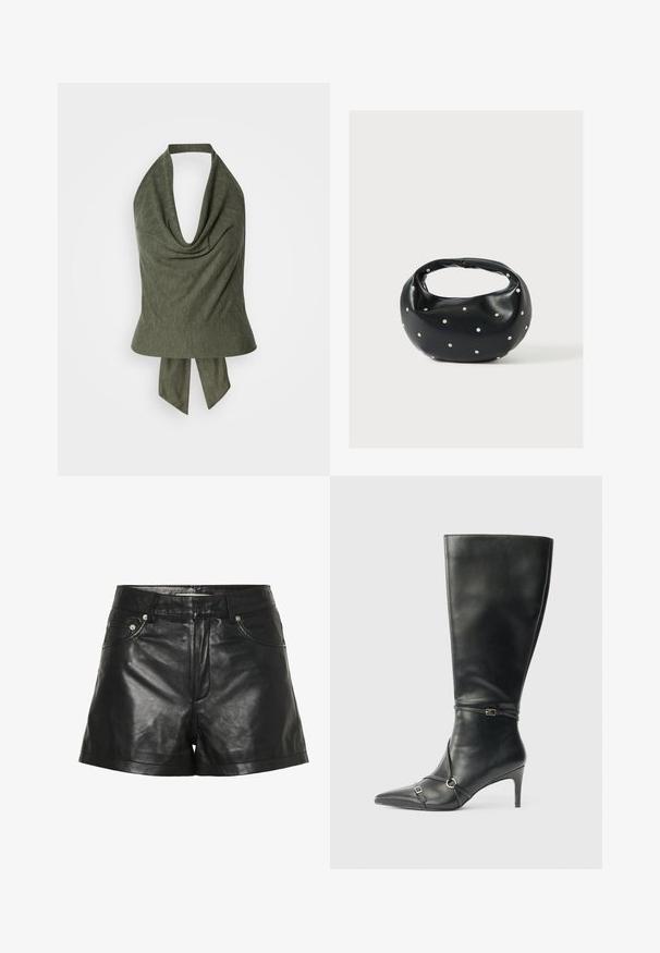 Top de tirantes verde oliva con escote drapeado y tela ligera y texturizada. Se ata en la parte trasera para un ajuste y estilo ajustables.; Pantalones cortos de cuero negro con una textura suave y brillante, que cuentan con bolsillos frontales, acentos metálicos y un diseño de cintura ajustada.; Botas negras de cuero hasta la rodilla con tacón delgado, punta afilada y detalles de diseño con correas en el tobillo. Textura suave y diseño ajustado.; Bolso de mano de cuero negro con forma redondeada, decorado con detalles de tachuelas plateadas y un asa corta. Textura lisa y cierre con cremallera.