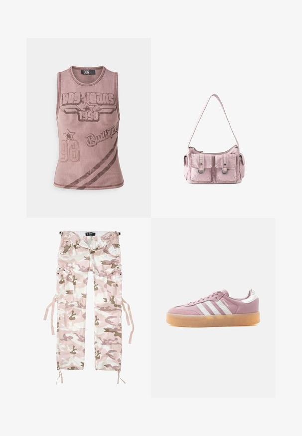 Ärmelloses, geripptes Oberteil in staubigem Pink mit dunklen grafischen Drucken, das "BDG Jeans 1998" und Akzente von Sternen sowie ein geschwungenes Linienmuster zeigt.; Tarnfarben Cargo-Hosen in Rosa- und Beigetönen, aus Baumwollmaterial, mit mehreren Taschen und Kordelzügen an den Bündchen.; Niedriger rosa Sneaker mit weißen Streifen, Gummisohle in Karamellfarbe und dem Schriftzug "SAMBA" an der Seite.; Kleine rosa Stoff-Umhängetasche mit zwei Vordertaschen, jeweils mit Klappe und Metallring gesichert, und einem oberen Reißverschluss.