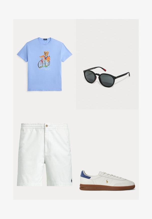 Camiseta azul clara con un gráfico de un oso con gafas de sol y ropa casual junto a una bicicleta roja.; Pantalones cortos blancos para hombre con cinturilla elástica, cierre de botón, bolsillos laterales y pequeño logo oscuro cerca del dobladillo inferior en una pierna.; Zapatilla blanca de caña baja con suela marrón, lengüeta azul en el talón, cordones y logo dorado de Polo Ralph Lauren en el lateral.; Gafas de sol negras con montura redondeada, lentes gris oscuro y detalles rojos en las patillas. Presenta un branding mínimo en la varilla.