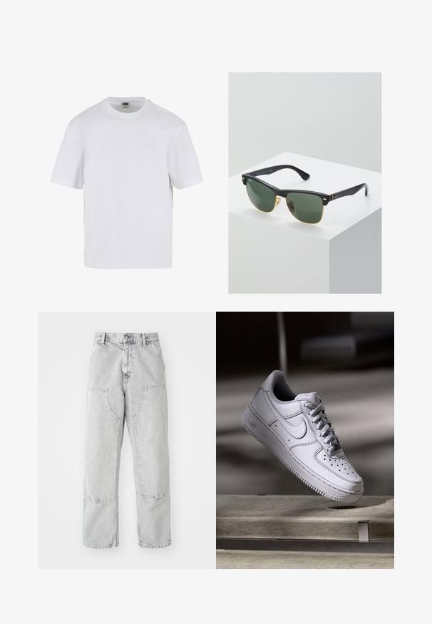 Hvid kortærmet t-shirt lavet af bomuld. Har en rund halsudskæring og en afslappet pasform. Glat tekstur, minimalistisk design, ingen mønstre eller accenter.; Lys grå denim bukser med en løs pasform, der har store sidelommer, synlige sømme og et lige ben design. Bæltestropper i taljen.; Hvid læder Nike Air Force 1 sneaker med perforeret tå, flade snørebånd og tekstureret gummisål med "AIR" branding på siden.; Ray-Ban solbriller med grønne linser, sorte plastikstel og gyldne detaljer ved kanterne. Firkantet form med mat finish.