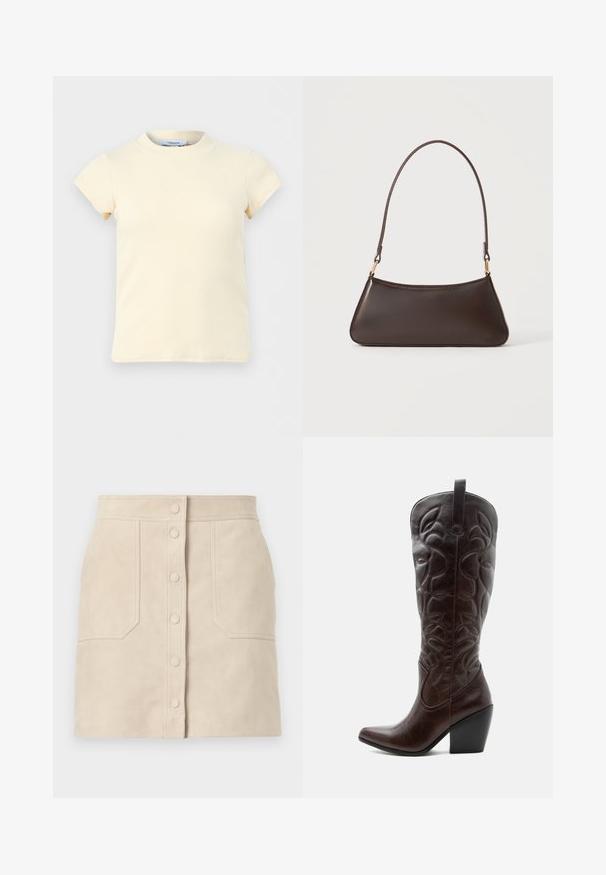 Haut écru côtelé à manches courtes avec col rond, en tissu extensible, présenté sur un fond gris clair uni.; Mini-jupe en daim beige avec boutons-pression à l'avant et deux grandes poches frontales, coupe droite et détails cousus.; Botte de cowboy haute en cuir marron foncé avec motifs décoratifs cousus, bout pointu et talon bloc empilé.; Sac à main en cuir marron foncé avec une fermeture éclair incurvée en haut et une fine bandoulière avec des fermoirs dorés sur un fond uni.