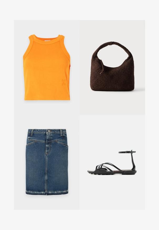 Geribbelde oranje tanktop met een hoge halslijn en mouwloos ontwerp. Bevat subtiele logodetails aan de zoom. Zacht, rekbaar materiaal.; Denimrok met een klassieke blauwe wassing, vijfzakkenontwerp en rafelige zoom. Sluit met een knoop en ritssluiting aan de voorkant.; Zwarte platte sandaal met dunne bandjes over de tenen en een gesp aan de enkel, met een licht gestructureerde zool voor grip.; Bruine geweven handtas met een afgeronde handgreep, gemaakt van textuurmateriaal. Voorzien van een ritssluiting en een klein logodetail.