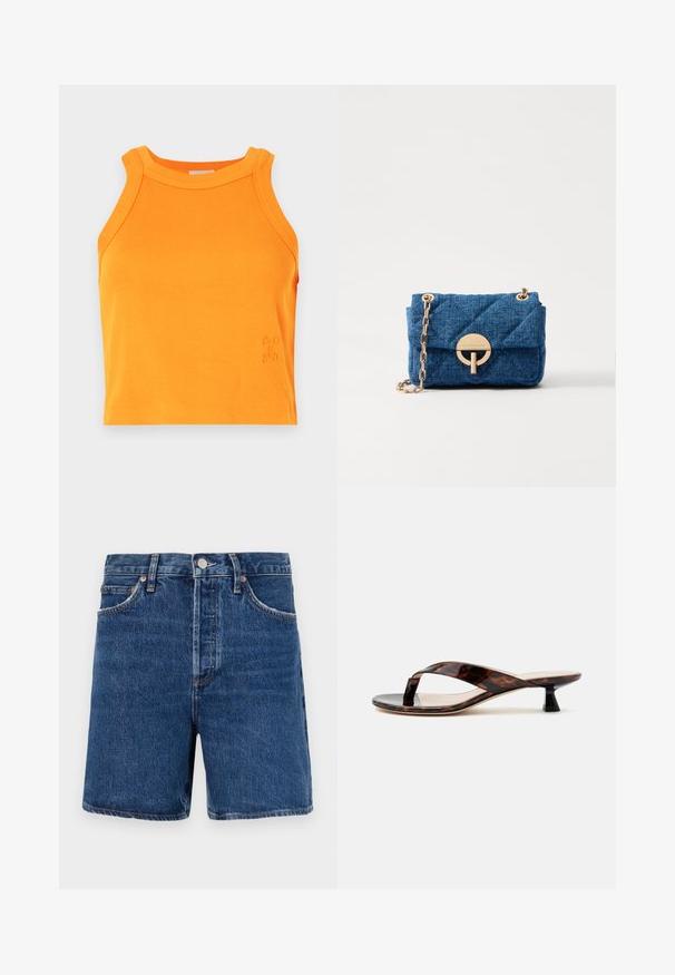 Ribbet orange tanktop med høj hals og ærmeløst design. Har diskret logo detaljer på kanten. Blødt, strækbart materiale.; Mørkeblå denim shorts i klassisk snit, med fem lommer, knaplukning og kontrasterende orange syninger.; Brun skildpaddeskal kitten heel sandal med snorrestram og firkantet tå på en ensfarvet lys baggrund.; Vanessa Bruno MOON - Håndtasker - indigo
