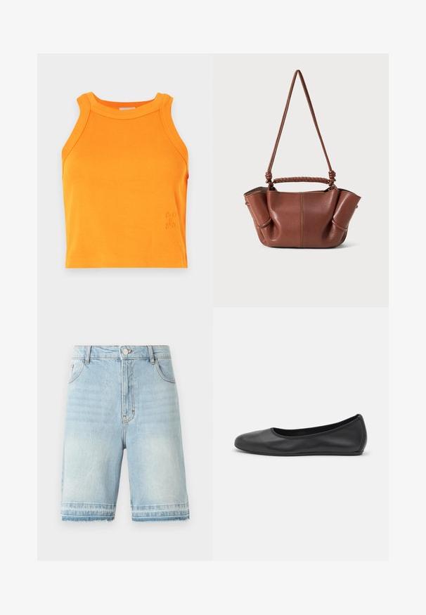 Geribbelde oranje tanktop met een hoge halslijn en mouwloos ontwerp. Bevat subtiele logodetails aan de zoom. Zacht, rekbaar materiaal.; Lichtblauwe denimshorts met een rafelige zoom, vijf zakken, en een standaard tailleband met knoopsluiting. Subtiele vervaging overal.; Zwarte leren ballerina met een ronde neus, gladde textuur, minimale stikdetails en een flexibele zoolontwerp.; Bruine leren handtas met een gevlochten handvat en een verstelbare schouderriem. Heeft zacht gevouwen zijkanten en zichtbare stikselaccenten.