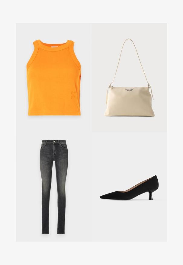 Ribbet orange tanktop med høj hals og ærmeløst design. Har diskret logo detaljer på kanten. Blødt, strækbart materiale.; Stramme jeans i mørkegrå denim med en mellem-højde talje, forlommer og diskrete fading effekter for et struktureret udseende.; Sort damesko med lav hæl, spids snude, slank, udvidet kittenhælkappe og glat mat finish set fra siden.; Kremfarvet læder skuldertaske med et sølvvinget emblem og en tynd rem mod en ensfarvet baggrund.