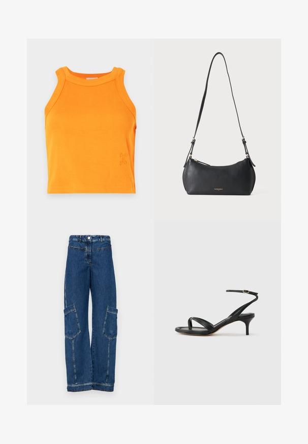 Rippenförmiges orangefarbenes Tank-Top mit hohem Hals und ärmellosem Design. Mit dezentem Logo-Detail am Saum. Aus weichem, elastischem Material.; Blaue Denim-Cargohosen mit hoher Taille, weitem Bein, zwei großen Seitentaschen sowie traditionellen Nieten- und Stichdetails.; Schwarze Ledersandale für Damen mit dünnen Riemchen, einer Zehenlasche, einer Knöchelschnalle und einem mittelhohen Stöckelabsatz vor neutralem Hintergrund.; Kleine schwarze Lederschultertasche mit verstellbarem Riemen und goldenem Reißverschluss, mit dezentem goldenem Markenschriftzug vorne.