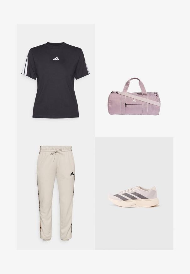 Schwarzes Sport-T-Shirt aus weichem Material, mit Rundhalsausschnitt, kurzen Ärmeln und drei weißen Streifen auf jeder Schulter. Weißes Logo auf der Brust.; Hellbeige Sweatpants aus weichem Stoff, mit einem verstellbaren Bund und schwarzen Seitenpaneelen mit einem Leopardenmuster.; Leichte Sportsneaker in zartem Rosa und Grau mit einem Obermaterial aus Mesh, drei dunklen Streifen und einer dicken, cremefarbenen Sohle mit der Aufschrift "LIGHTSTRIKE PRO".; Hellviolette Reisetasche aus glänzendem Material mit zwei Griffen, einem abnehmbaren Schultergurt und einer vorderen Reißverschlusstasche mit Logo.