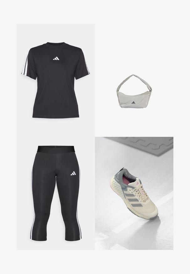 Camiseta atlética negra de tejido suave, con cuello redondo, mangas cortas y tres rayas blancas en cada hombro. Logo blanco en el pecho.; Leggings capri negros con una cinturilla ancha, que cuentan con franjas laterales blancas y un logo de Adidas en blanco en el muslo izquierdo. Textura suave.; Zapatilla deportiva beige con acentos grises, parte superior de malla y suela texturizada. Cuenta con tres rayas grises y detalles interiores en rosa.; Bolso de hombro Adidas gris claro con costuras curvadas y un único compartimento con cremallera, mostrando el logo de Adidas en la parte frontal.