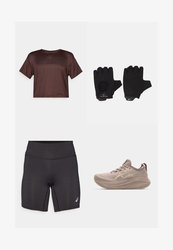 Kortærmet, cropped, brun atletisk top lavet af glat, let stof med en subtil glans og et lille logo på brystet.; Sorte atletiske shorts med en glat tekstur, tætsiddende design og høj talje. Har kontrasterende syninger og et lille logo på underbenet.; Lyserød løbesko med et strømlinet design, tekstureret overdel og en puffet sål. Har et logo og et minimalistisk snøresystem.; Sorte fingerløse handsker med et tekstureret design. Lavet af et åndbart materiale, med en tommelfingeråbning og forstærket håndflade for bedre greb.