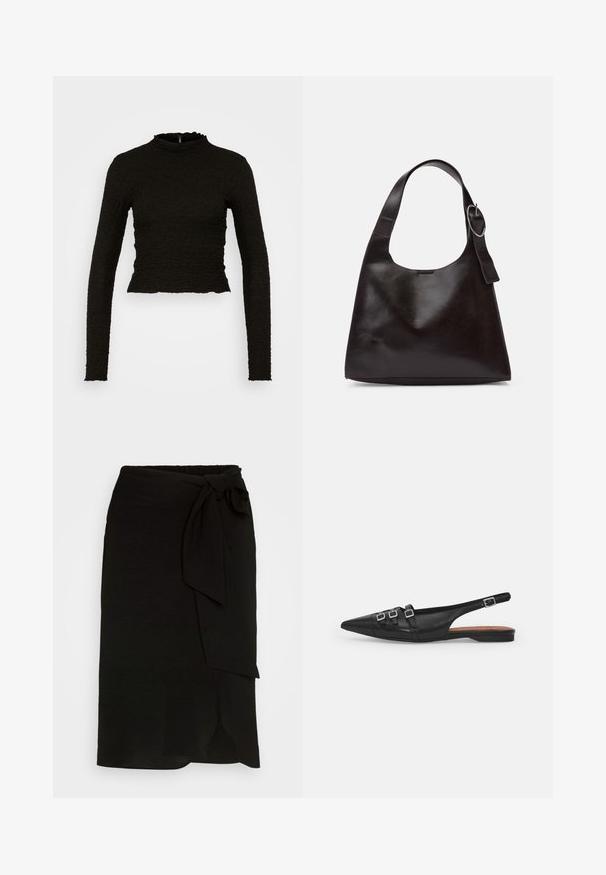 ONLY ONLLUCA STRUCTURED - Pikkade varrukatega topp - black; Mustmustav musträtik, millel on külgside, sirge disain ja lõhik hemil.; Must must nahk slingback tasase jala king, terav nina, millel on kaks horisontaalset rihma ja ruudukujulised hõbedased sanga, madal konts ja sile tekstuur.; Pruun nahkne õlakott sujuva tekstuuriga, ümar kuju, laia rihmaga ja ümara metallise aktsendiga käepidemel.