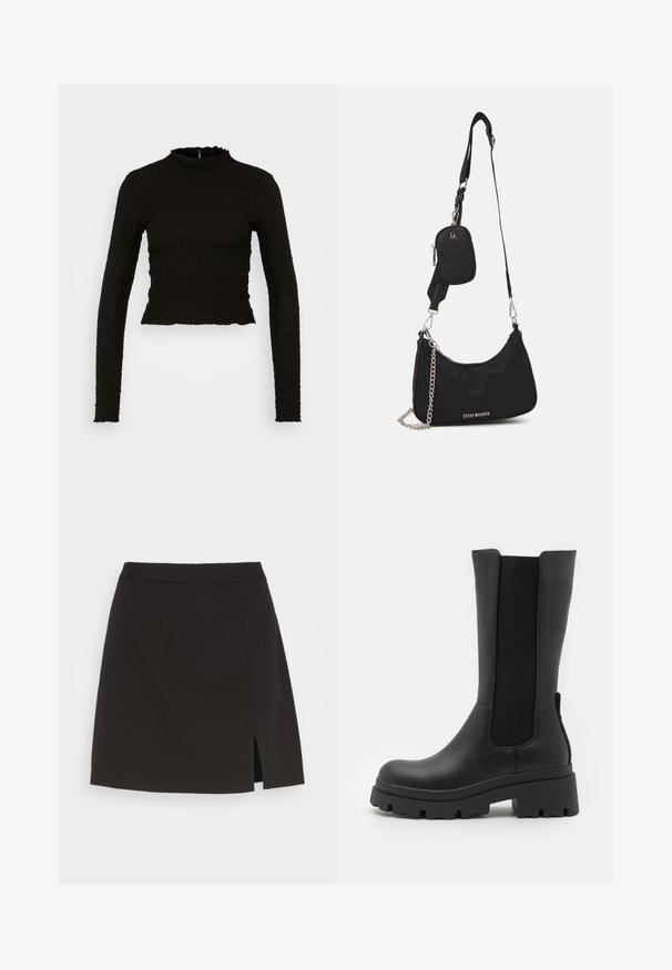 ONLY ONLLUCA STRUCTURED - T-shirt à manches longues - black; Mini-jupe noire en tissu lisse, avec une coupe droite, une fente sur le côté et sans matériel ni embellissements visibles.; ONLY SHOES ONLDOJA - Bottes à plateau - black; Sac en nylon noir à l'épaule avec une forme incurvée, accent en chaîne argentée, pochette mini amovible et bandoulière ajustable ; présente le logo "Steve Madden".