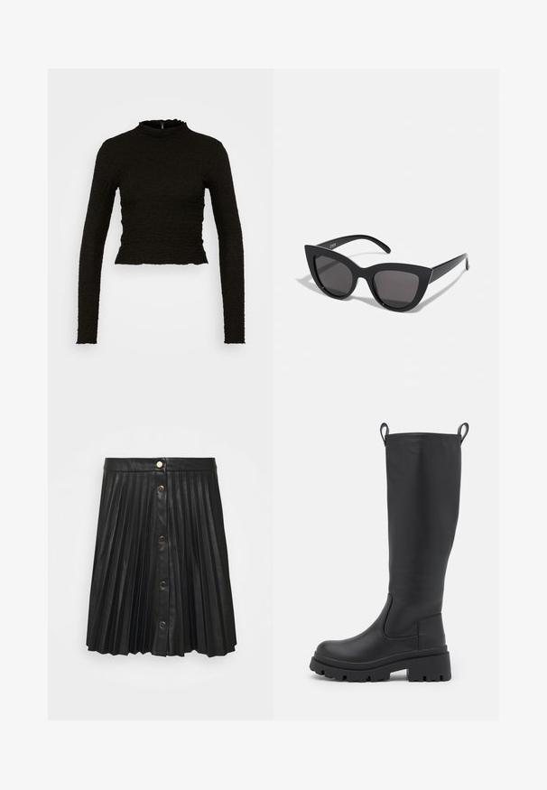 ONLY ONLLUCA STRUCTURED - Longsleeve - black; VILA VIAMINA SHORT BUTTON COATED SKIRT - Plooirok - black; Zwarte kniehoge laars van soepel leer met een chunky zool en een lichte hak. Voorzien van trekbanden en elastische zijpanelen voor gemakkelijk aan- en uittrekken.; Zwarte cat-eye zonnebril met een matte afwerking, voorzien van grijs getinte glazen, scherpe hoeken en slanke zijarmen. Merkennaam zichtbaar op de binnenarm.