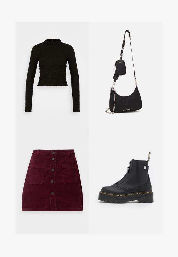 ONLY ONLLUCA STRUCTURED - Langærmet T-shirt - black; Burgunderfarvet kordfløjlsskjorte med høj talje, fem frontknapper og to forlommer; tekstureret stof med lodret ribbede mønster.; Sort ankelstøvle lavet af glat læder, med en lynlås i siden, gul syning og en tyk, rillet gummisål.; Sort nylon skuldertaske med en buet form, sølvfarvet kædeaccent, aftagelig mini-pung og justerbar rem; prydet med "Steve Madden" logo.